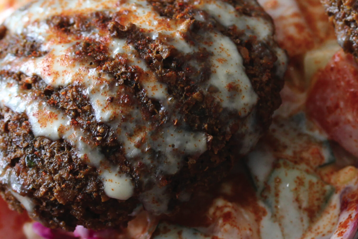 Close-up of seasoned meat with melted cheese.