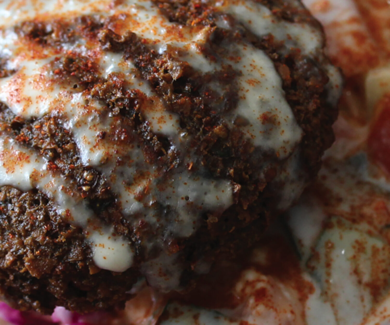 Close-up of seasoned meat with melted cheese.